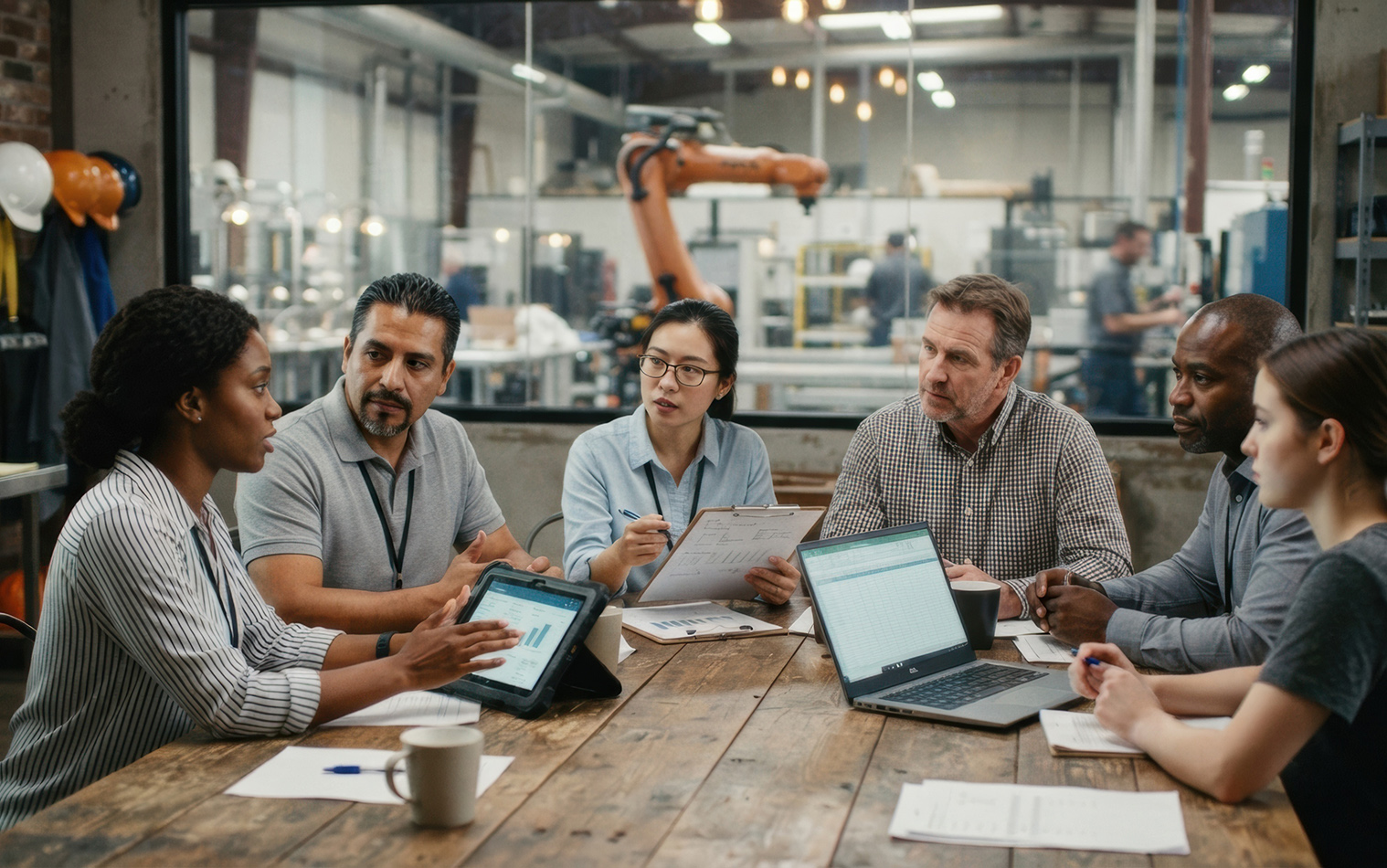 Group of people at a conference table in front of an industrial plant floor.