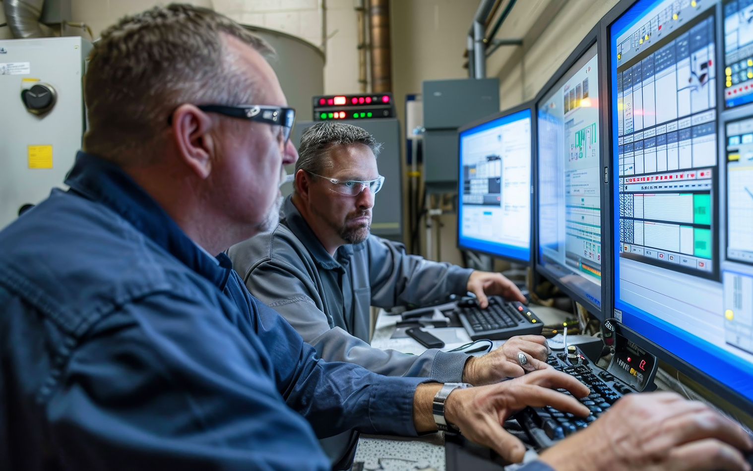 Two engineers focused on computer screens, analyzing system performance in a factory setting, through a SCADA system.