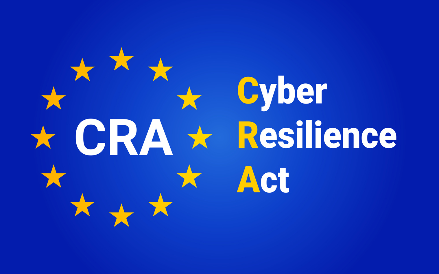 The words Cyber Resilience Act - CRA on a blue background with stars, representing European cybersecurity regulations and legal compliance.