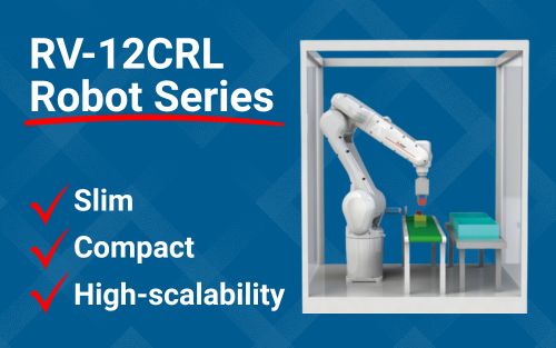 The MELFA RV-12CRL robot has a smooth, curved design to complement the slim arm and compact joints. RV-12CRL has a maximum load capacity of 12kg, a maximum reach radius of 1504mm, and an extensive number of inputs/outputs for gripper control.